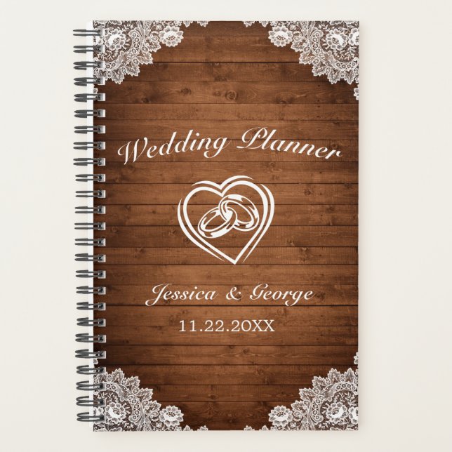 Rustic Wood & White Lace Wedding Planner (Front)