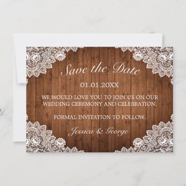 Rustic Wood & White Lace Wedding Save The Date (Front)