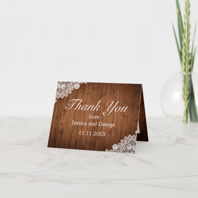 Rustic Wood & White Lace Wedding Thank You Card (Front)