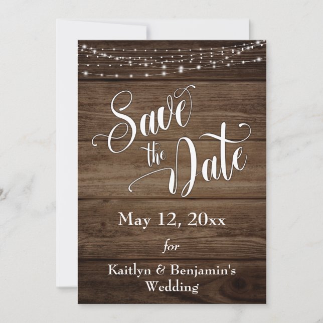 Rustic Wood, White Lights & Script, Save the Date (Front)