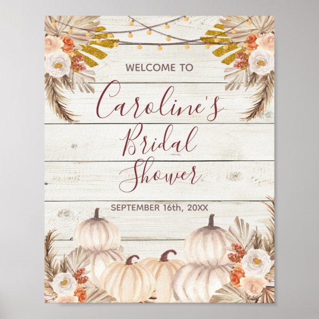 Rustic Wood White Pumpkin Bridal Shower Welcome Poster (Front)