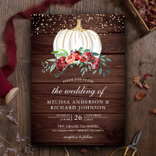 Rustic Wood White Pumpkin Burgundy Floral Wedding Invitation