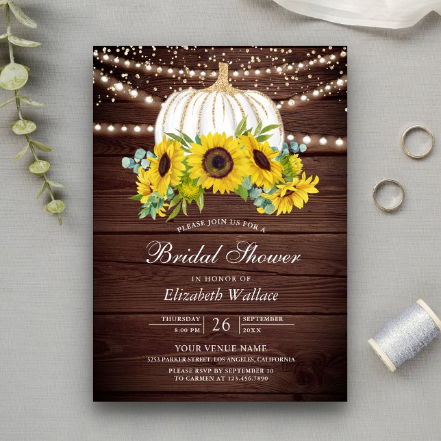 Rustic Wood White Pumpkin Sunflowers Bridal Shower Invitation (Creator Uploaded)