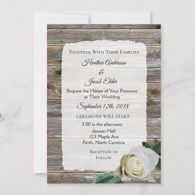Rustic Wood White Rose Elegant Wedding Invitations (Front)