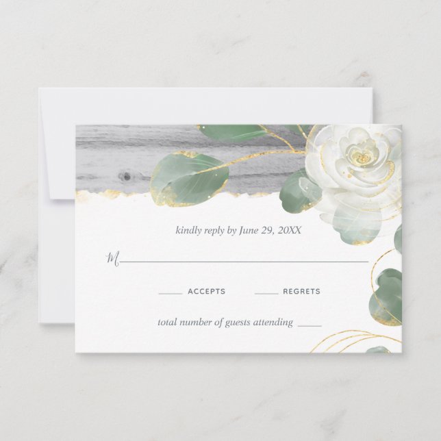 Rustic Wood White Rose Gold Greenery Wedding RSVP Card (Front)