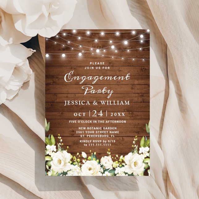 Rustic Wood White Roses Hydrangea Engagement Party Invitation (Creator Uploaded)