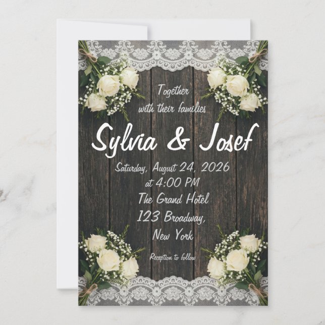 Rustic Wood White Roses Lace Wedding Invitation (Front)