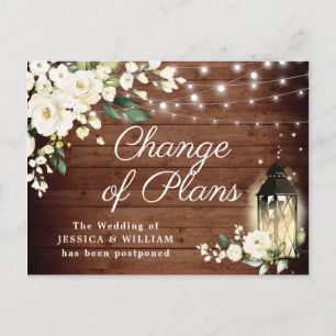 Rustic Wood & White Roses Lantern Change of Plans Postcard