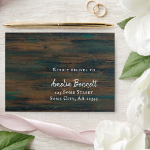 Rustic Wood White Script A7 Return Address Wedding Envelope