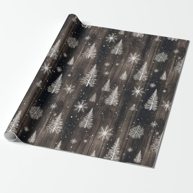 Rustic Wood White Snowflakes  Wrapping Paper (Unrolled)