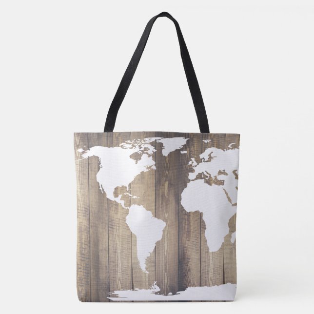 Rustic Wood White World Traveller Map Tote Bag (Front)