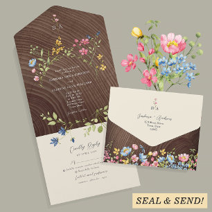 Rustic Wood Wildflower Wedding All In One Invitation