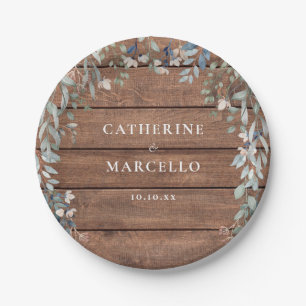 Rustic Wood Wildflowers Floral Cascade Wedding Paper Plate
