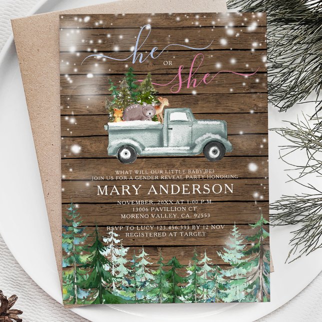 Rustic Wood Winter He or She Gender Reveal Invitation (Creator Uploaded)