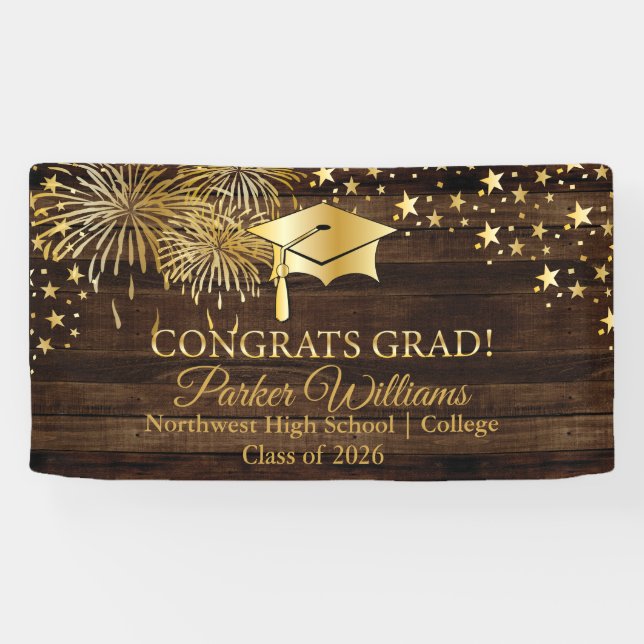 Rustic Wood with Gold Tone Congrats Grad Banner (Horizontal)