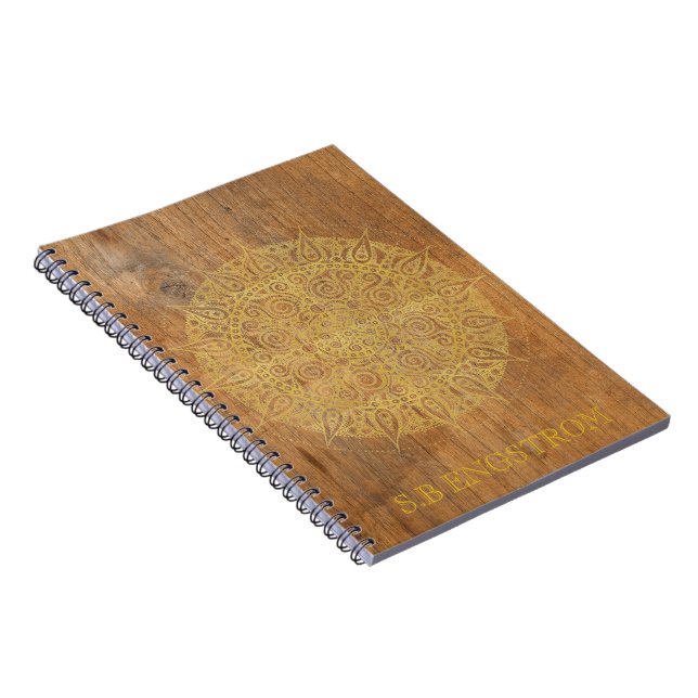 RUSTIC WOOD WITH GOLDEN MANDALA - NAME SPIRAL NOTEBOOK (Right Side)