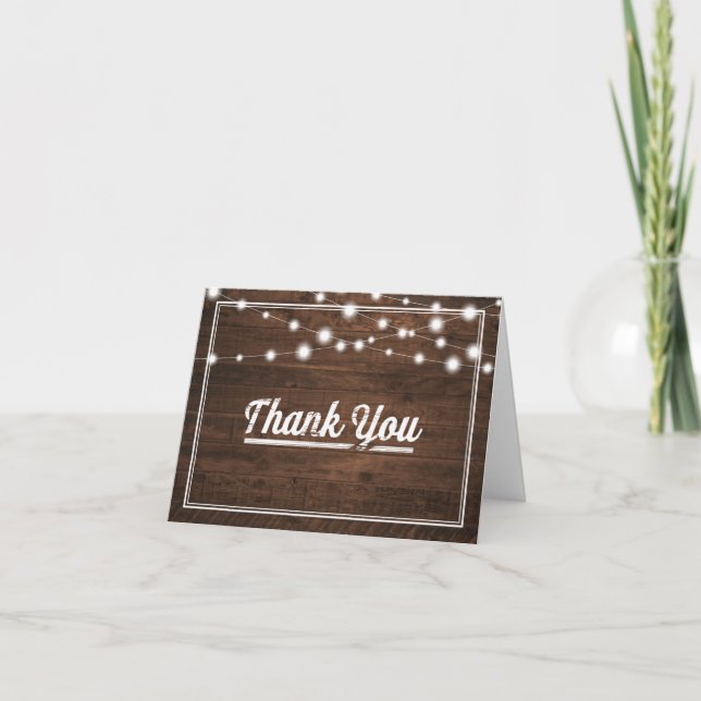 Rustic Wood with String Lights Thank You Card (Front)