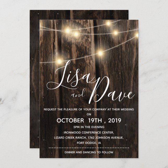 Rustic Wood With String Lights Wedding Invitation (Front/Back)
