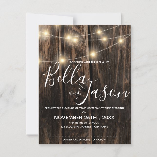 Rustic Wood With String Lights Wedding Invitation (Front)