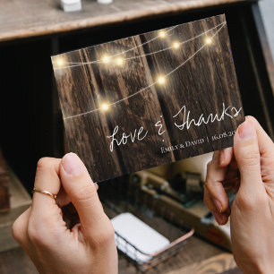 Rustic Wood With String Lights Wedding Thank You Card