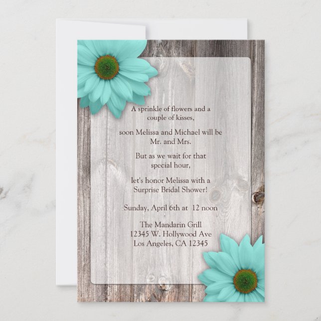 Rustic Wood with Teal Blue Daisies Bridal Shower Invitation (Front)