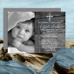 Rustic Wood with Vintage Cross Photo Baptism Invitation<br><div class="desc">Simply add your precious little one's colour or black and white photo and Baptism / Christening details and personalise this rustic wood look with Christian cross design.  Original design by Holiday Hearts Designs (all rights reserved).</div>