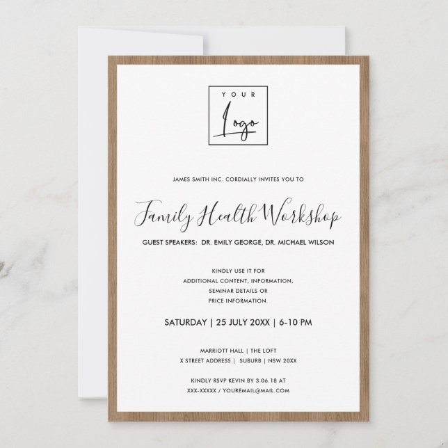 RUSTIC WOOD WOODEN TIMBER YOUR LOGO WORKSHOP EVENT INVITATION (Front)