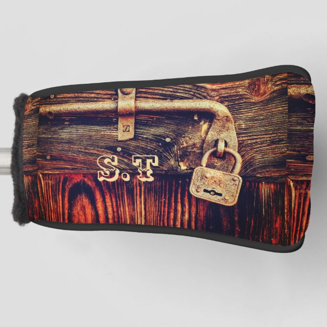 Rustic wood woodgrain antique brass lock brown golf head cover (Front)