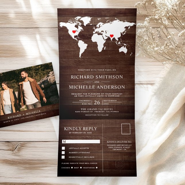 Rustic Wood World Map All in One Wedding Tri-Fold Invitation (Creator Uploaded)