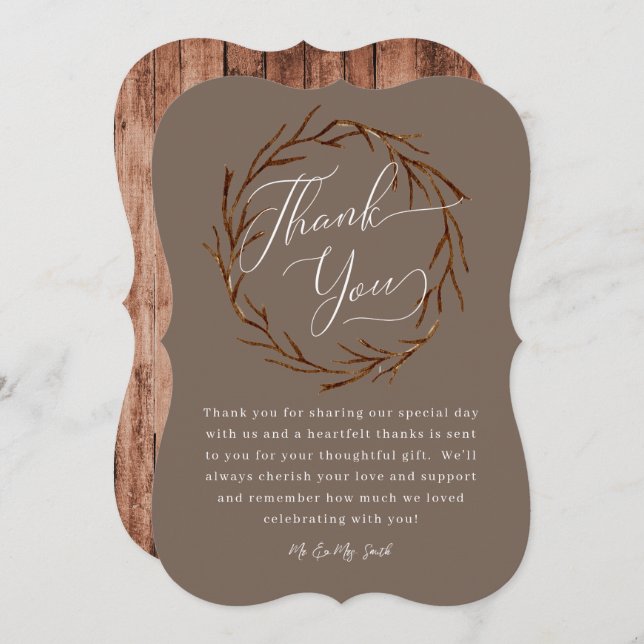 Rustic Wood Wreath Wedding Thank You Card (Front/Back)