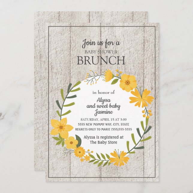 Rustic Wood Yellow Floral Baby Shower Brunch Invitation (Front/Back)