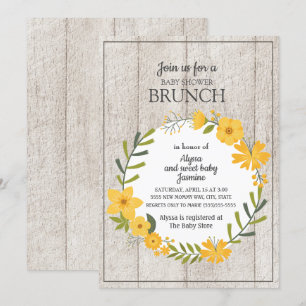 Rustic Wood Yellow Floral Baby Shower Brunch Invitation