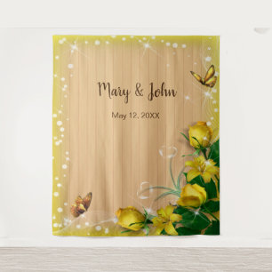 Rustic Wood Yellow Floral Butterfly Backdrop Tapestry