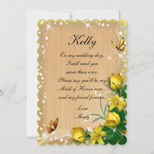 Rustic Wood Yellow Floral Butterfly Maid Of Honour Invitation