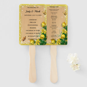 Rustic Wood Yellow Floral Butterfly  Program Hand Fan