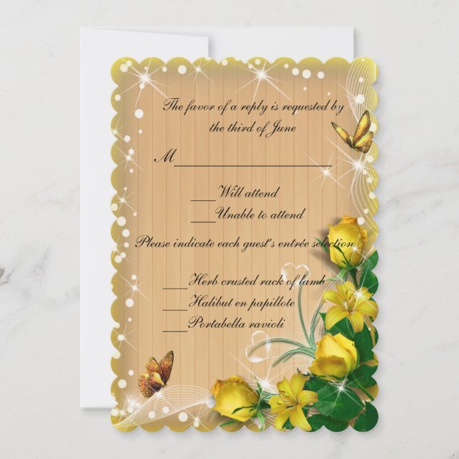 Rustic Wood Yellow Floral Butterfly Response Invitation (Front)