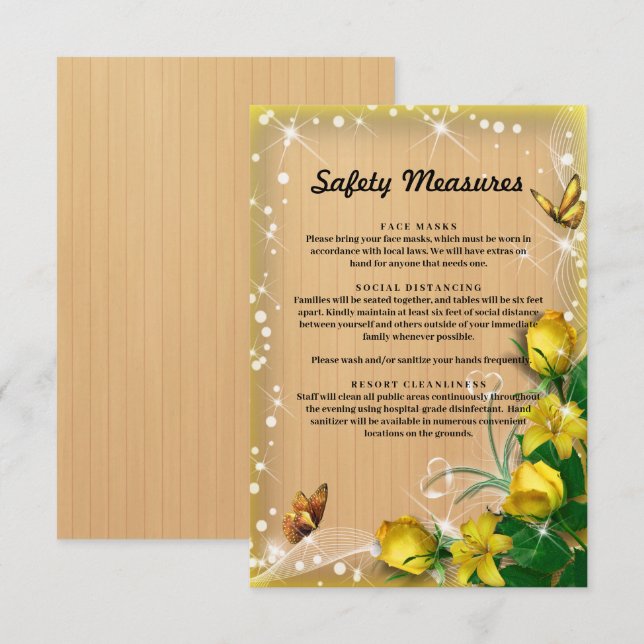 Rustic Wood Yellow Floral Butterfly Safety Measure Enclosure Card (Front/Back)