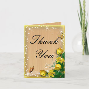 Rustic Wood Yellow Floral Butterfly Thank You Card