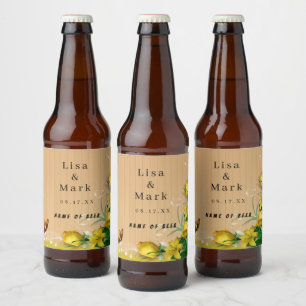 Rustic Wood Yellow Floral Butterfly Wedding Beer Bottle Label