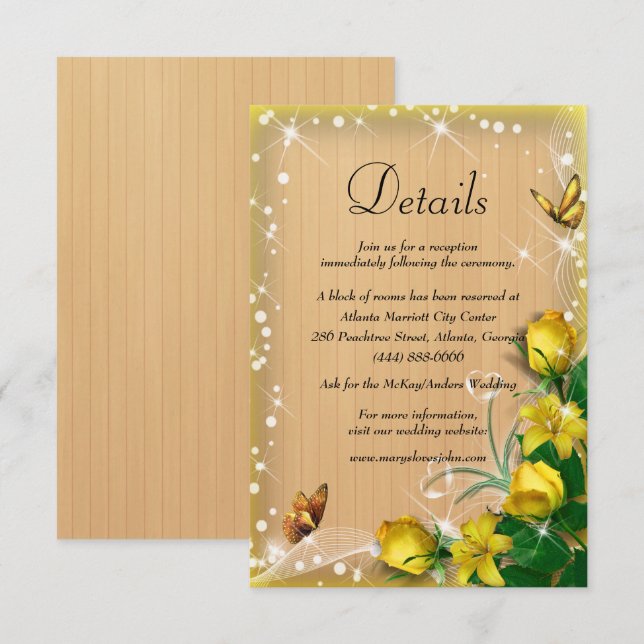 Rustic Wood Yellow Floral Butterfly Wedding Detail Enclosure Card (Front/Back)