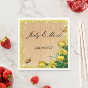 Rustic Wood Yellow Floral Butterfly Wedding Paper Napkin