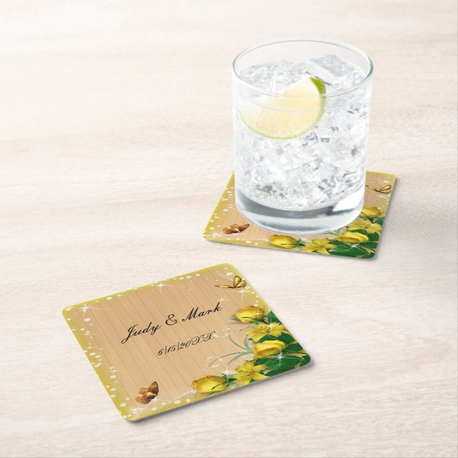 Rustic Wood Yellow Floral Butterfly Wedding Square Paper Coaster (Insitu)