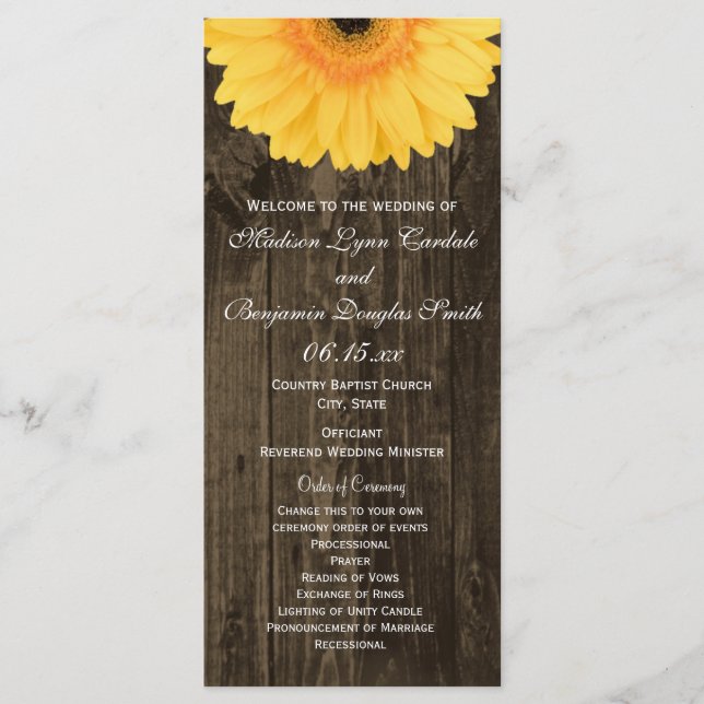 Rustic Wood Yellow Gerber Daisy Wedding Programs Programme (Front)