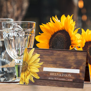 Rustic Wood Yellow Sunflower Country Fall Wedding Place Card