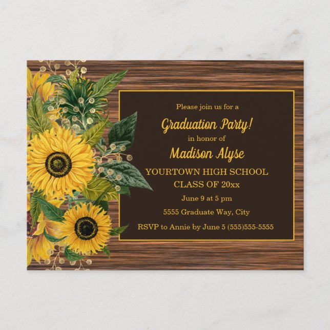 Rustic Wood Yellow Sunflowers Graduation Party Postcard (Front)