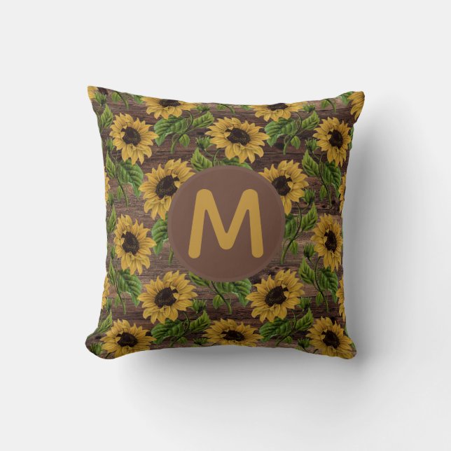 Rustic Wood Yellow Sunflowers Monogram Cushion (Front)