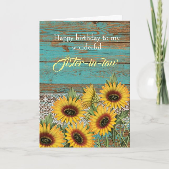 Rustic Wood Yellow Sunflowers Sister In Birthday Card (Front)