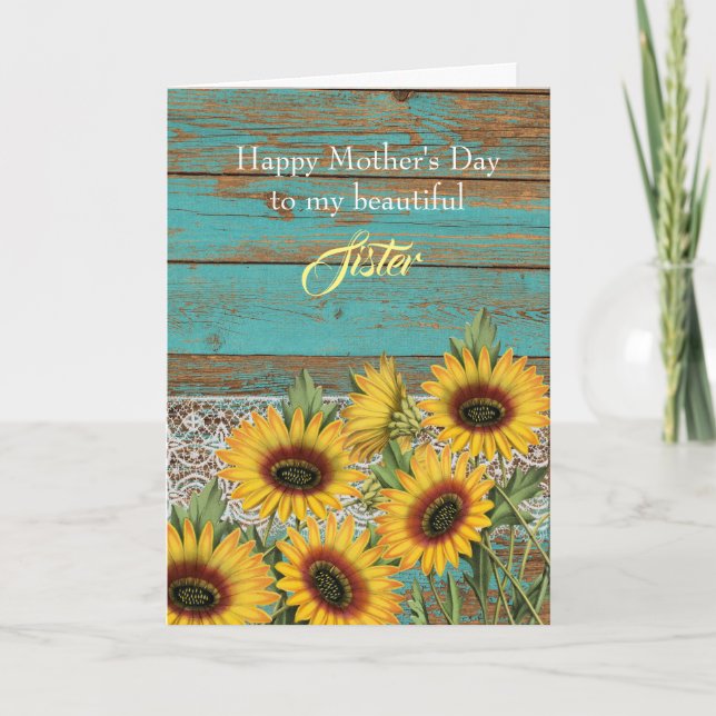 Rustic Wood Yellow Sunflowers Sister Mother's Day  Card (Front)
