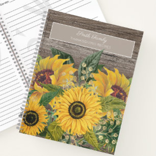 Rustic Wood Yellow Sunflowers Thanksgiving Recipes Notebook