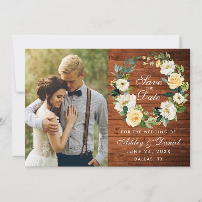Rustic Wood Yellow White Floral Wreath Save The Date (Front)
